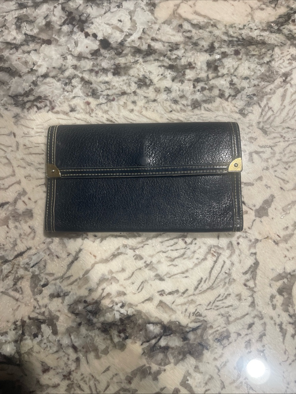 Louis Vuitton Black Pebbled Leather Wallet with Gold Corners